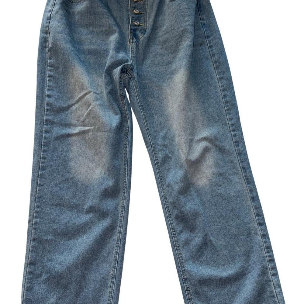 Womens High Rise Wide Leg Jeans Medium Wash‎ Button Fly Raw Hem Denim Pants